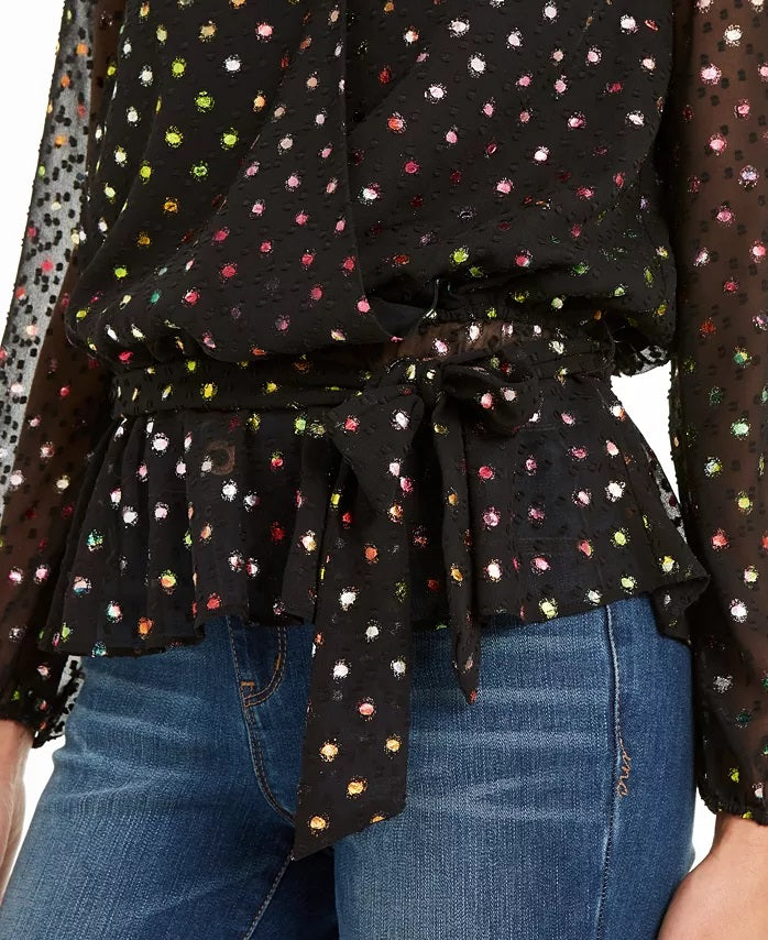 INC International Concepts Women's Rainbow Clip-Dot Wrap Top Black Size Extra Small