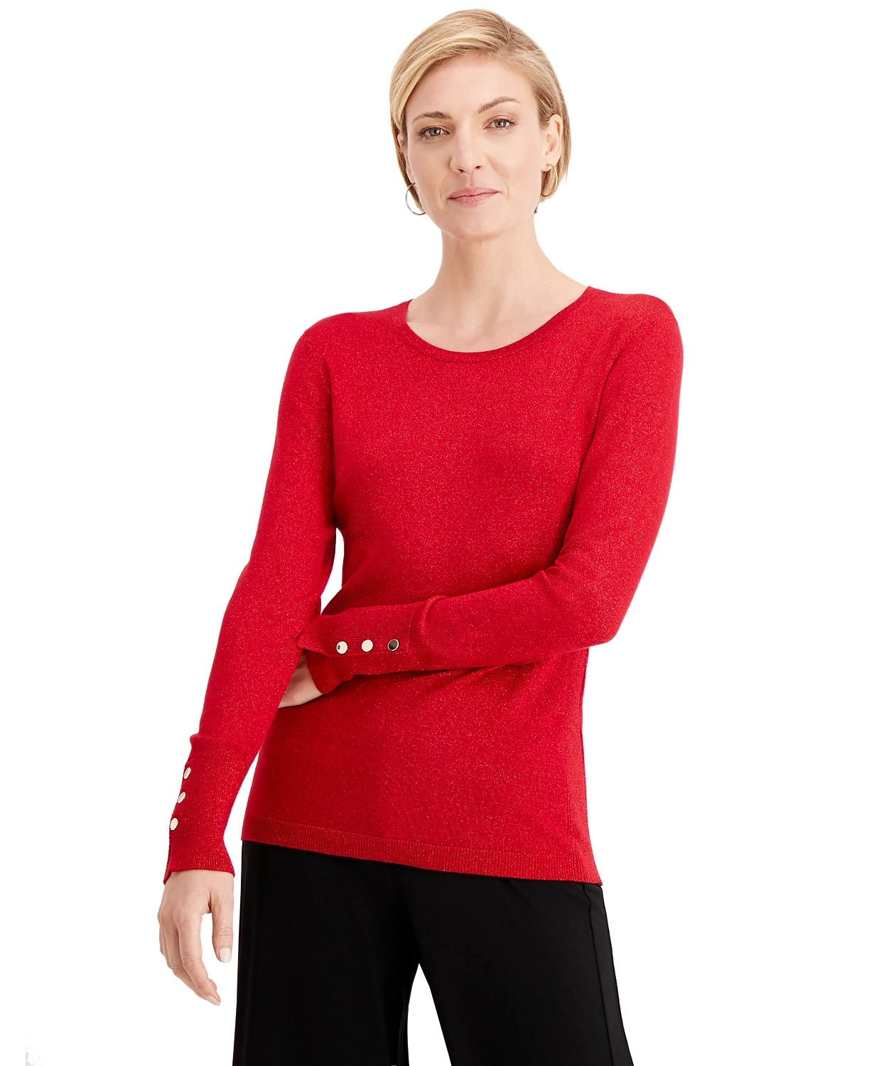 JM Collection Women's Metallic Round Neck Stud Cuff Sweater Red Size Medium