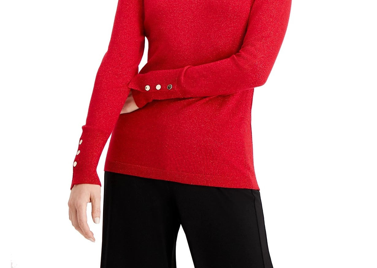JM Women's Collection Metallic Round-Neck Stud-Cuff Sweater Bright Red Size XX Large