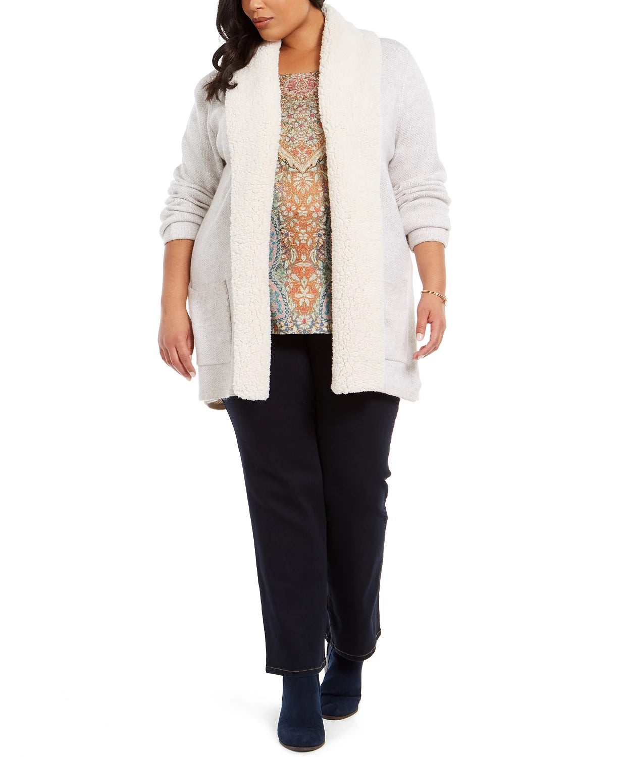 Style & Co Women's Plus Size Sherpa-Collar Cardigan Gray Size 0X