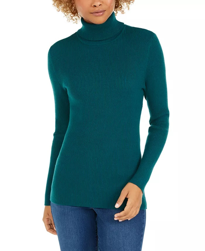 Style & Co Women's Ribbed Turtleneck Sweater Dark Green Size Large