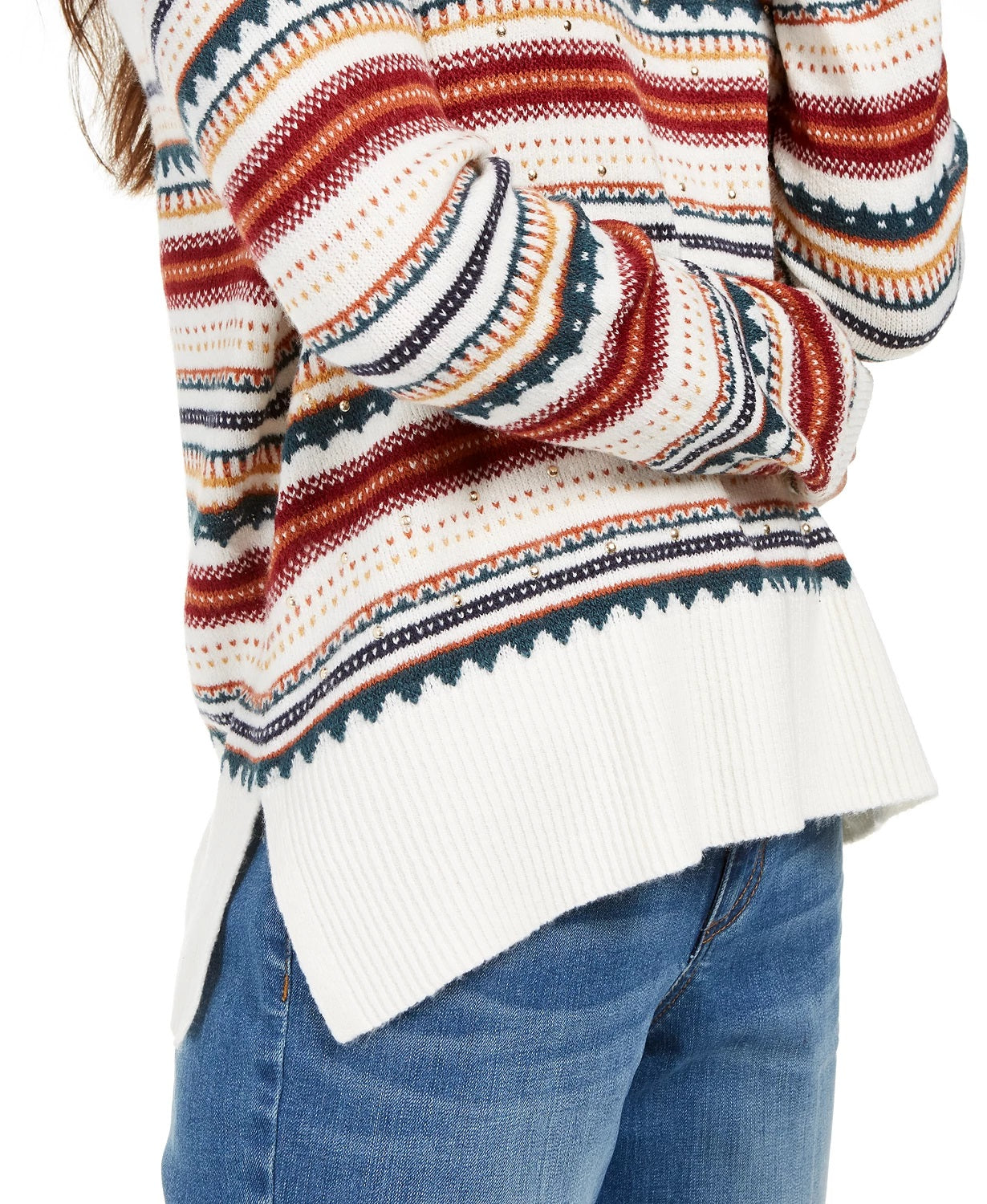 Style & Co Women's Striped Studded Sweater Beige Size Large