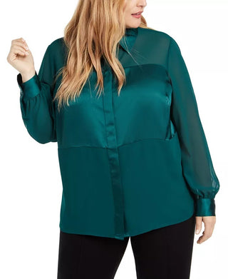 Alfani Women's Plus Size Satin Mixed-Media Top Dark Green Size 4X