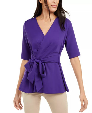 Alfani Women's Faux-Wrap Tie-Front Peplum Blouse Purple Size Extra Large