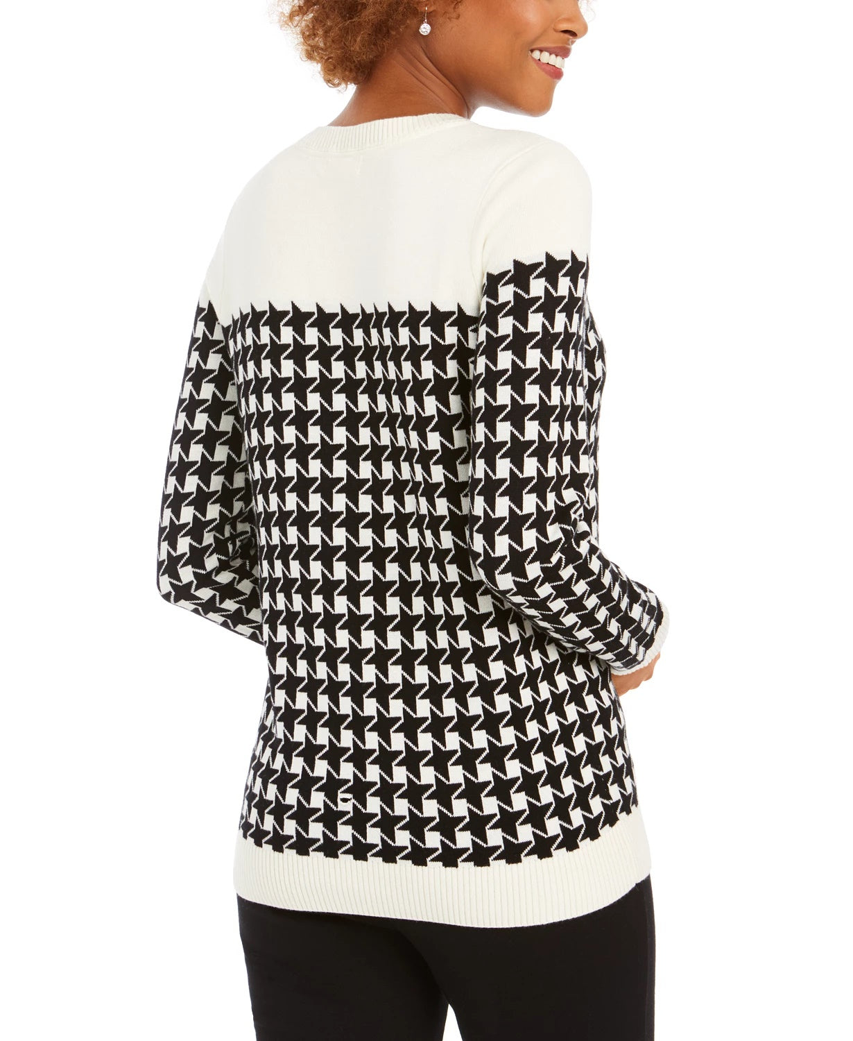 Charter Club Women's Houndstooth Colorblocked Crewneck Sweater Black Size Large