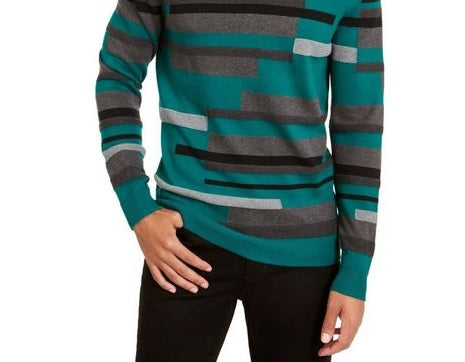 Alfani Men's Textured Striped V-Neck Sweater Green Size Large