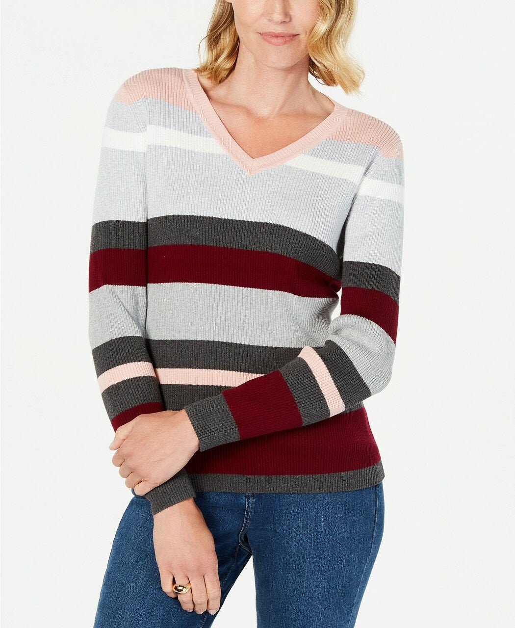 Karen Scott Women's Emma Cotton Striped Sweater Medium Red Size Petite Extra Large