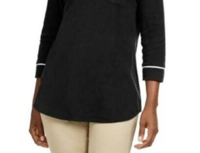 Karen Scott Women's Petite Piping-Trim T-Shirt Black Size Petite