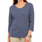 Karen Scott Women's Striped V-Neck Top Navy Size Medium
