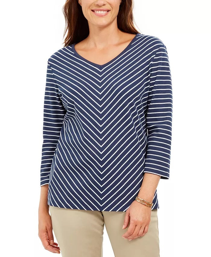 Karen Scott Women's Striped V-Neck Top Navy Size Medium