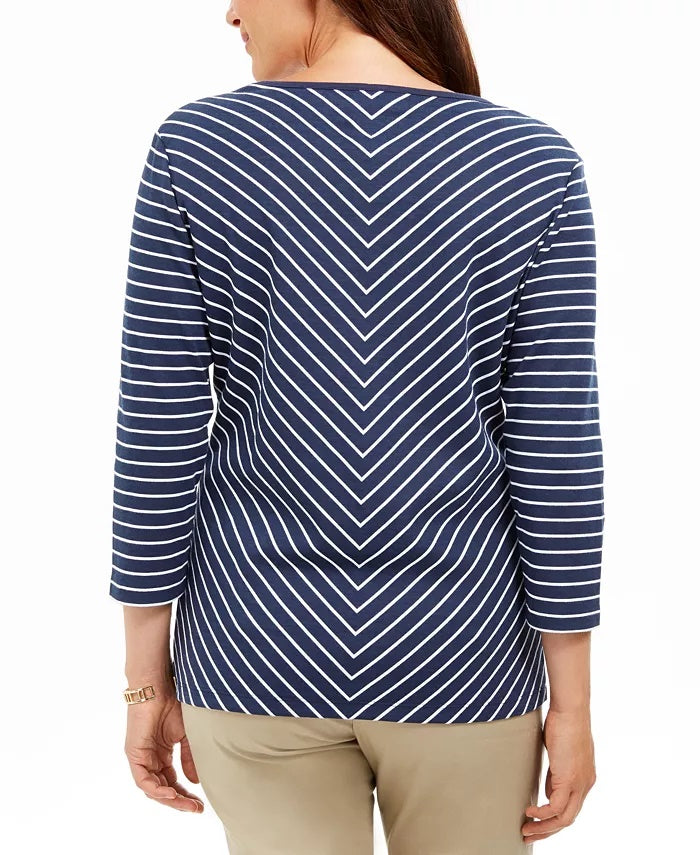 Karen Scott Women's Striped V-Neck Top Navy Size Medium