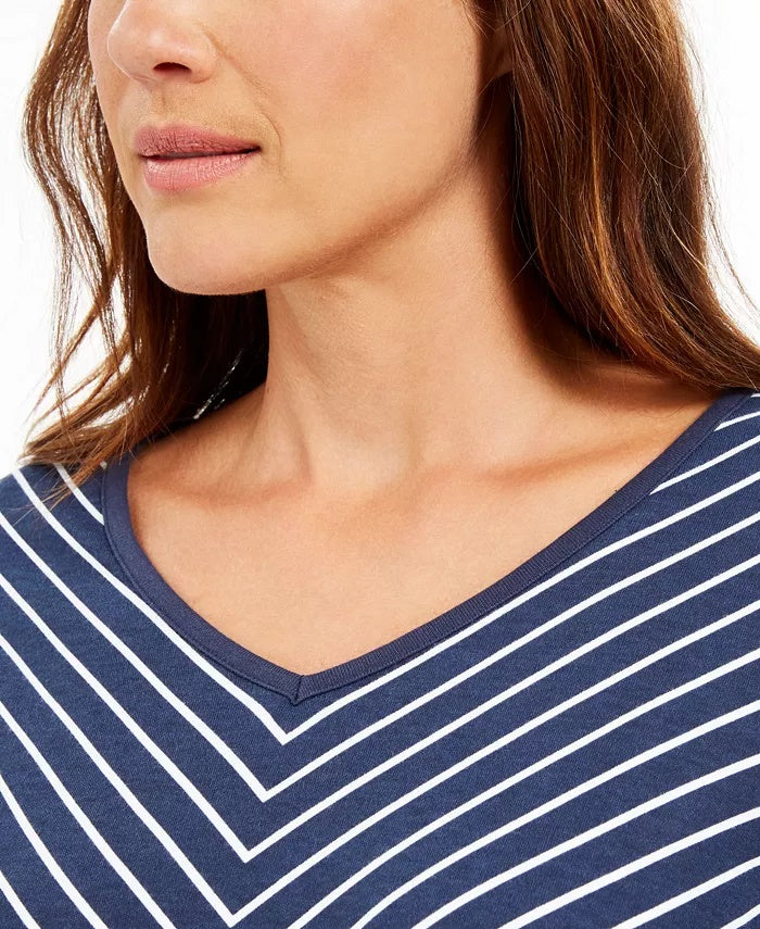 Karen Scott Women's Striped V-Neck Top Navy Size Medium