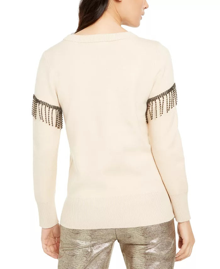 Alfani Women's Embellished Fringe Sweater Beige Size Medium