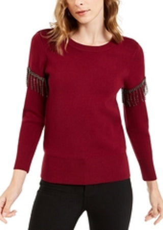 Alfani Women's Embellished Fringe Sweater Wine Size Small