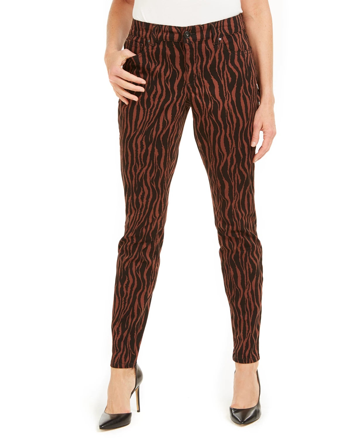 INC International Concepts Women's Printed Curvy-Fit Skinny Jeans Brown Size 8