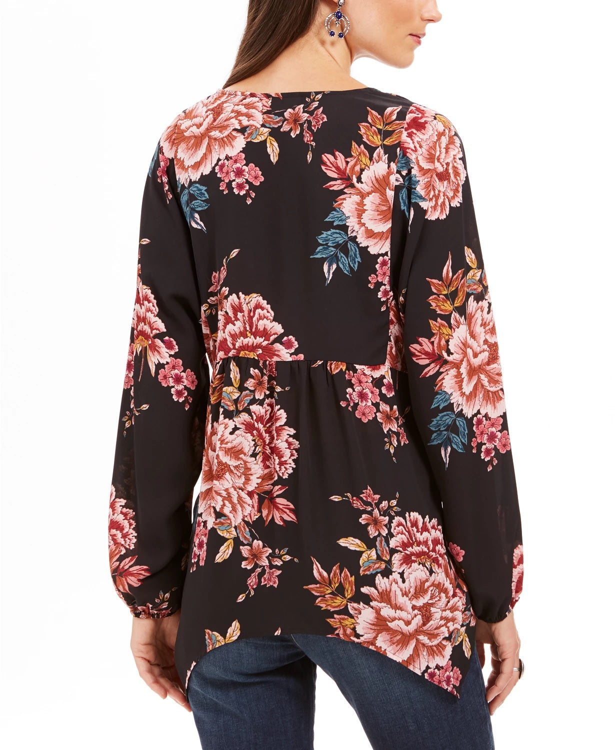 Style & Co Women's Printed Handkerchief-Hem Peasant Top Black Size Small