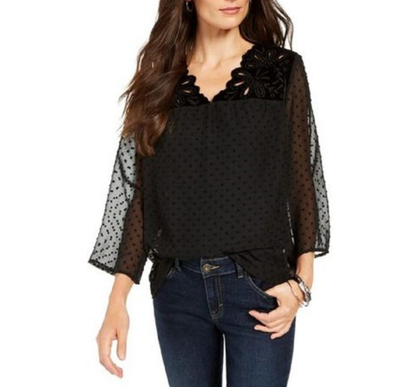 Style & Co Women's Mixed-Media Sheer-Sleeve Blouse Black Size XX Large