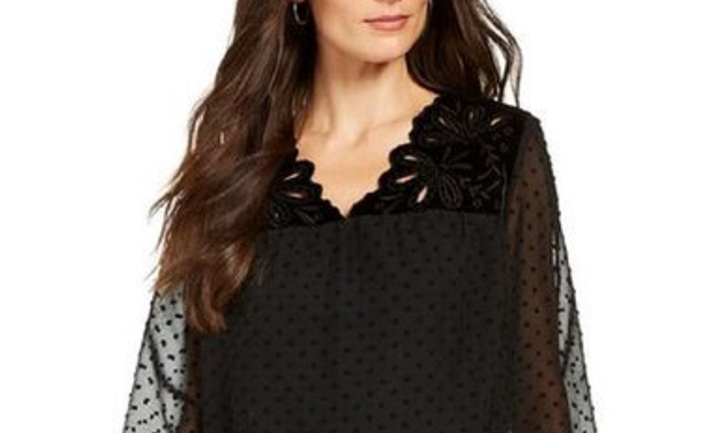 Style & Co Women's Mixed-Media Sheer-Sleeve Blouse Black Size XX Large