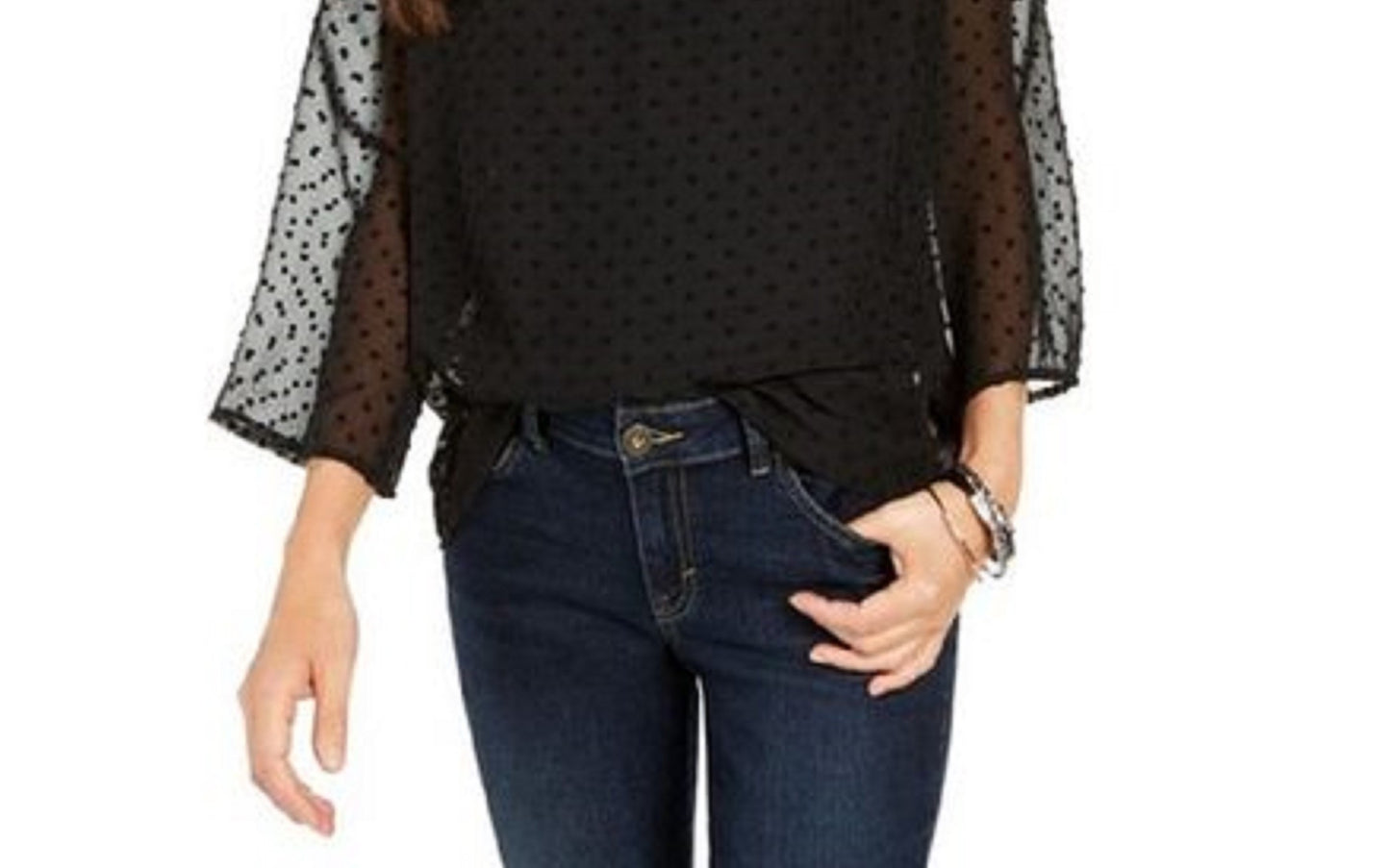 Style & Co Women's Mixed-Media Sheer-Sleeve Blouse Black Size XX Large