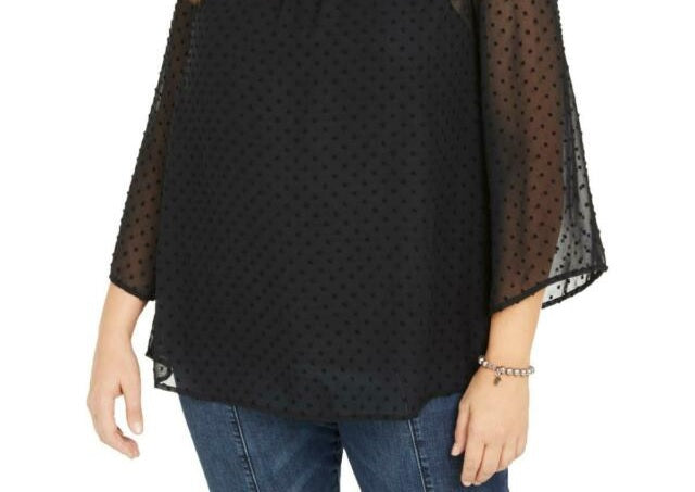Style & Co Women's Plus Size Swiss-Dot Velvet-Yoke Top Black Size 3X