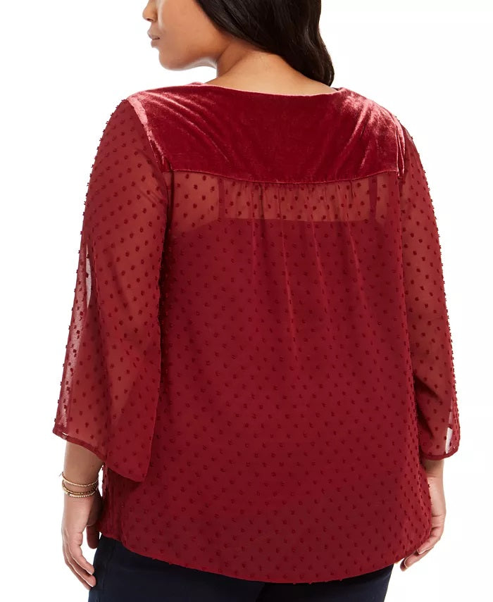 Style & Co Women's Plus Size Swiss-Dot Velvet-Yoke Top Red Size 2 Extra Large