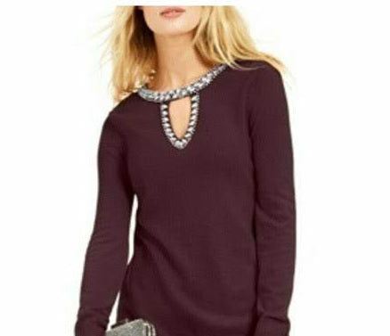 INC International Concepts Women's Embellished Keyhole Sweater Red Size X-Small