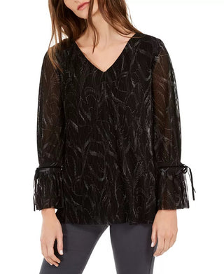 Alfani Women's Pleated Tie Cuff Top Black Size Medium