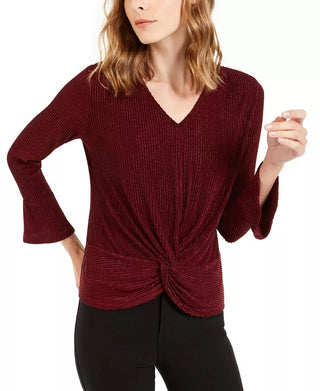 Alfani Women's Striped Metallic Twist Hem Top Wine Size Large