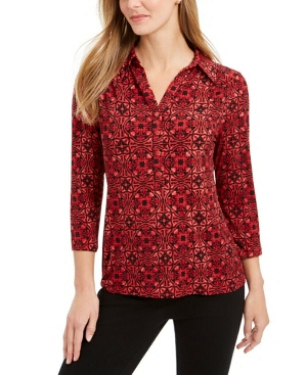 Charter Club Women's 3/4 Sleeve Printed Polo Top Red Size X-Large