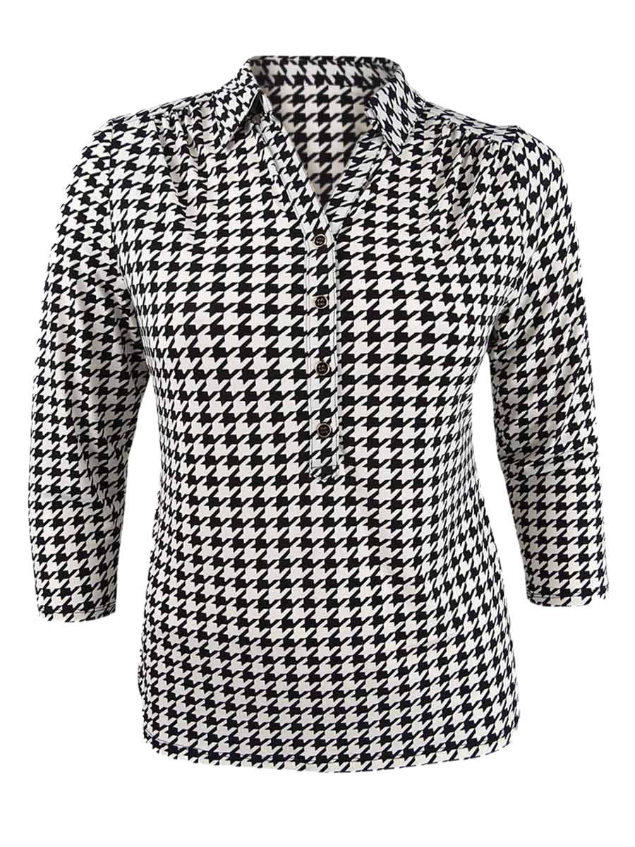 Charter Club Women's 3/4 Sleeve Printed Polo Top Black Size X-Large