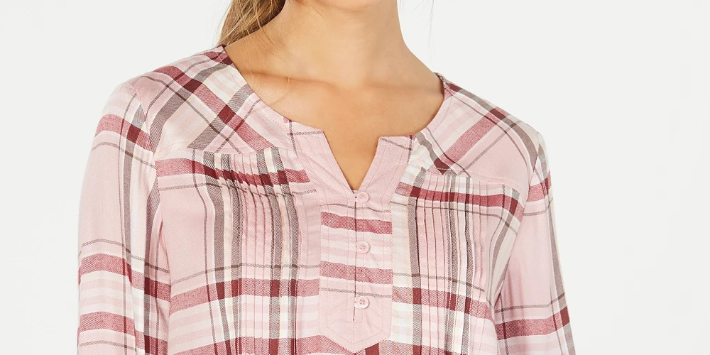 Style & Co Women's Plaid Split-Neck Top Bright Red Size Small