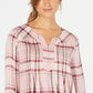 Style & Co Women's Plaid Split-Neck Top Bright Red Size Large