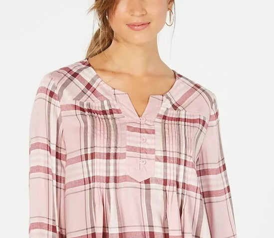 Style & Co Women's Plaid Split-Neck Top Bright Red Size Large