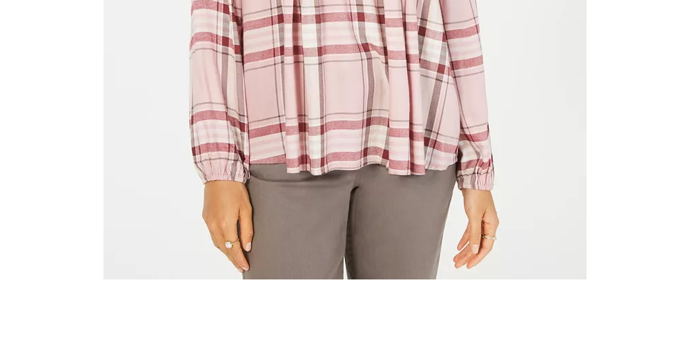 Style & Co Women's Plaid Split-Neck Top Bright Red Size Large