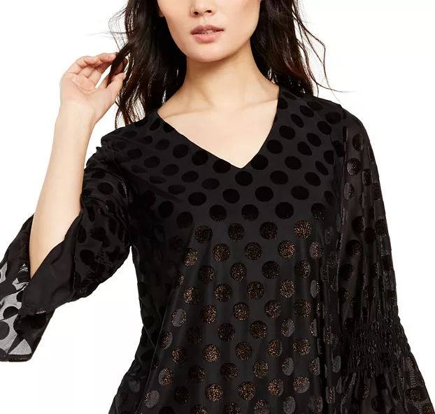 Alfani Women's Metallic Dot Bell Sleeve Top Black Size Medium