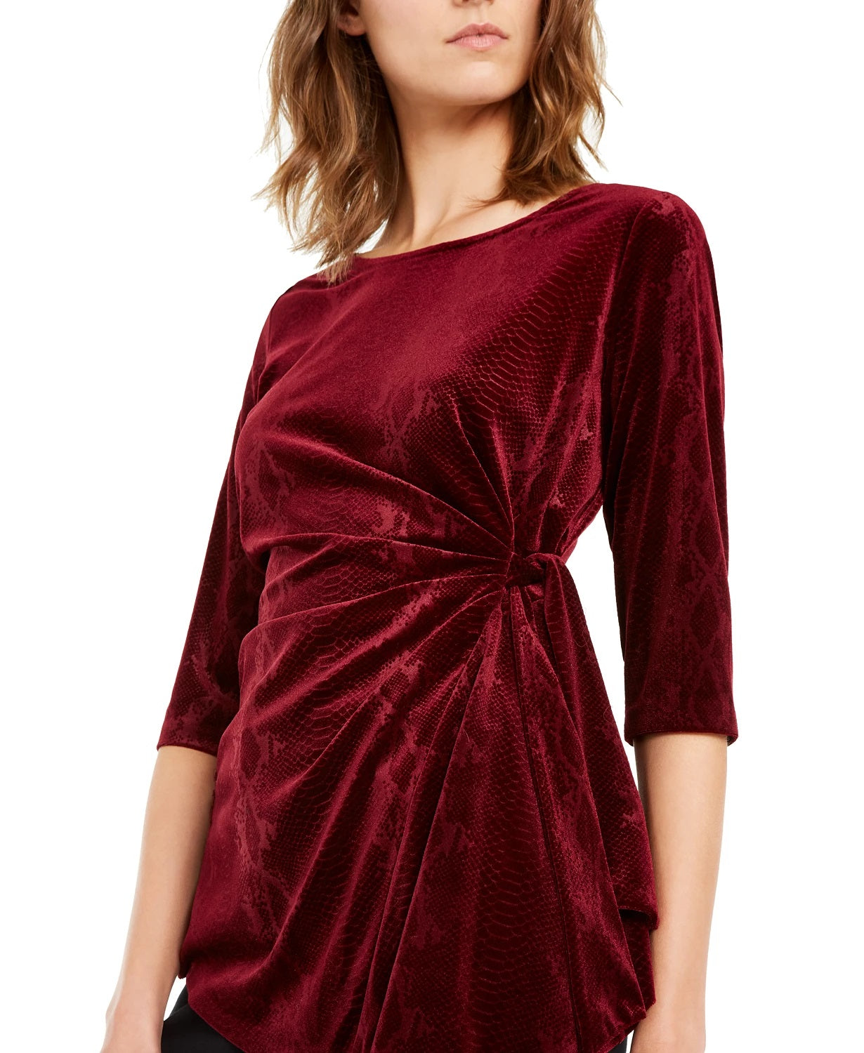 Alfani Women's Snakeskin Print Side Tie Velvet Top Wine Size Large