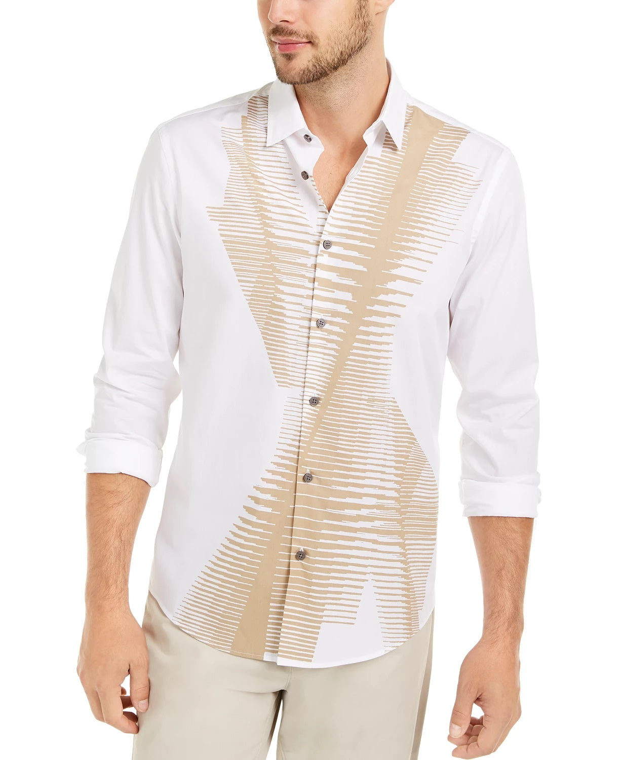 Alfani Men's Classic Fit Abstract Line Print Shirt White Size Small