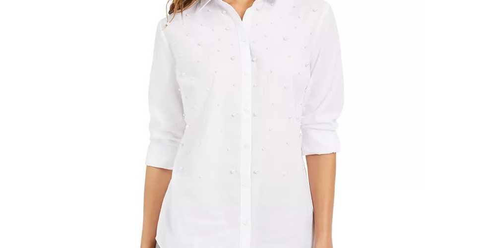 Charter Club Women's Faux-Pearl Shirt White Size Small