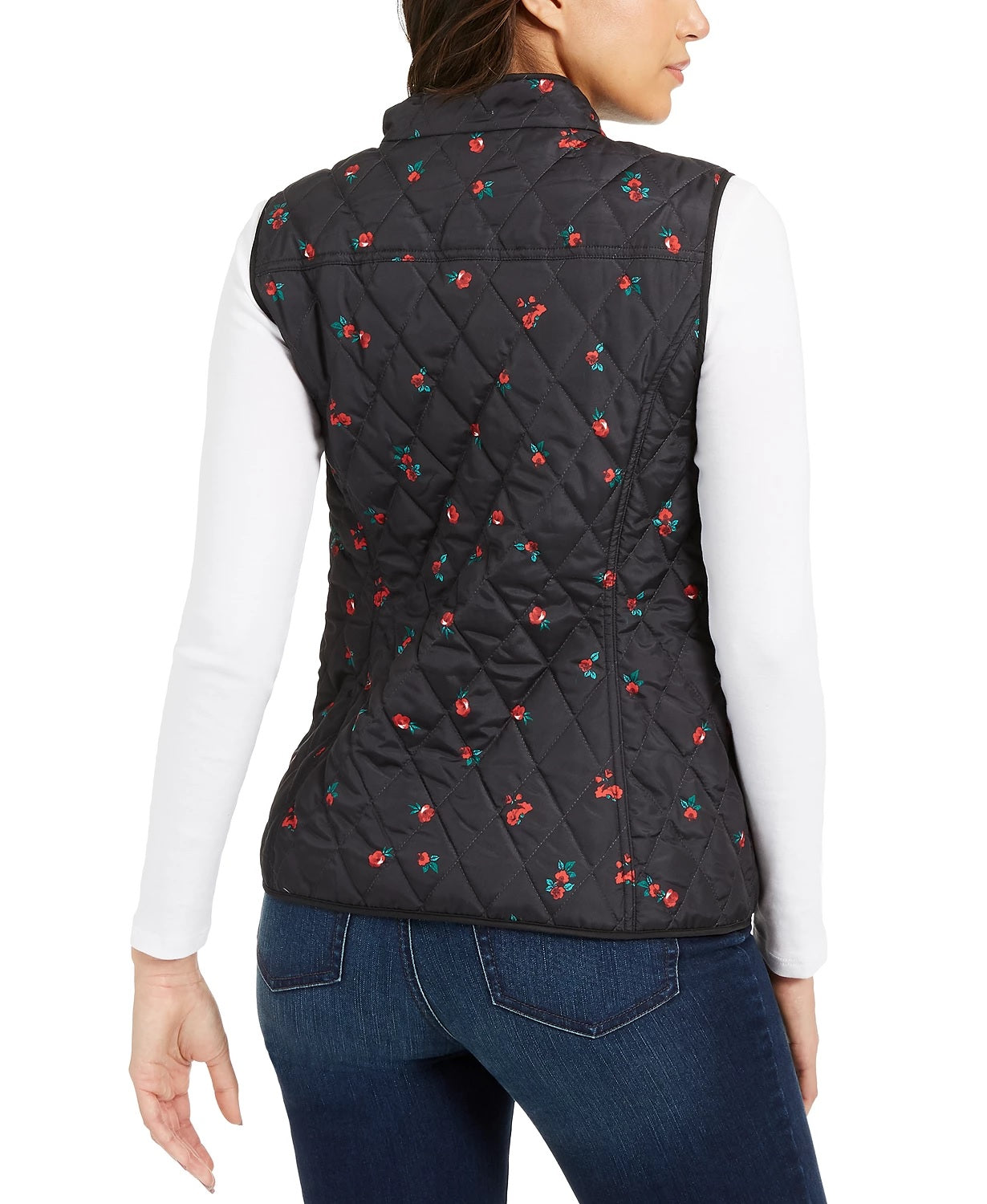 Charter Club Women's Floral-Print Quilted Vest Black Size Small