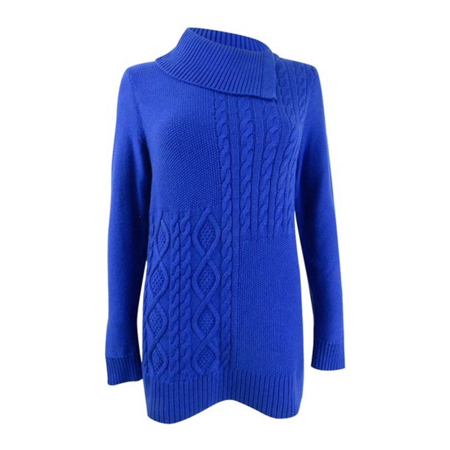 Charter Club Women's Patchwork-Stitch Asymmetrical-Collar Sweater  Blue Size Large