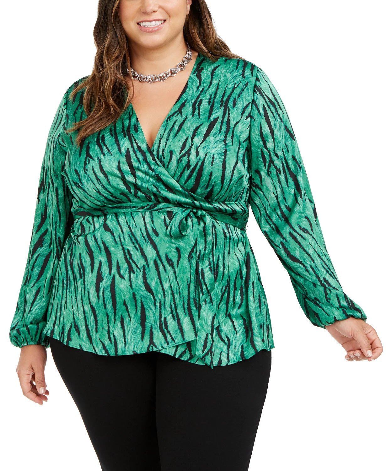INC International Concepts Women's Plus Size Animal-Print Wrap Top Med Green Size 2X