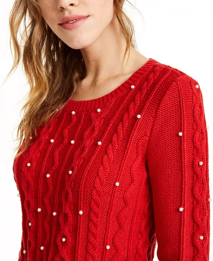 Maison Jules Women's Imitation-Pearl Cable-Knit Sweater Bright Red Size Medium