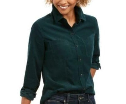 Charter Club Women's Solid Corduroy Shirt Green Size Large