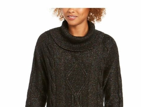 Charter Club Women's Cowl-Neck Cable-Knit Glitter Sweater Black Size Medium