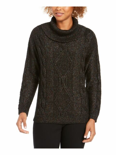 Charter Club Women's Cowl-Neck Cable-Knit Glitter Sweater Black Size Small