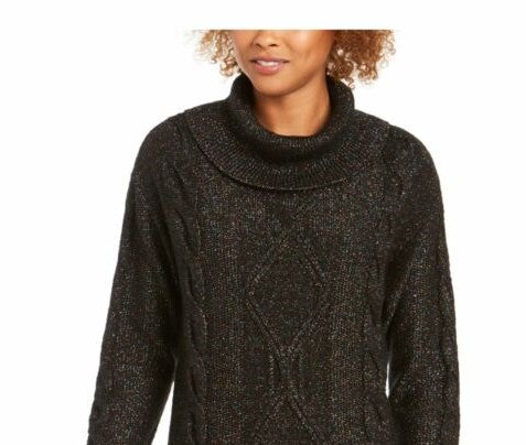 Charter Club Women's Cowl-Neck Cable-Knit Glitter Sweater Black Size Small