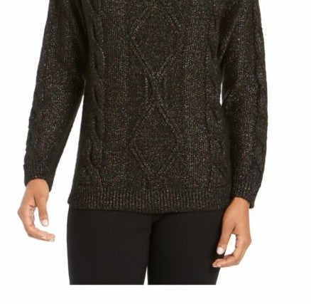 Charter Club Women's Cowl-Neck Cable-Knit Glitter Sweater Black Size Small