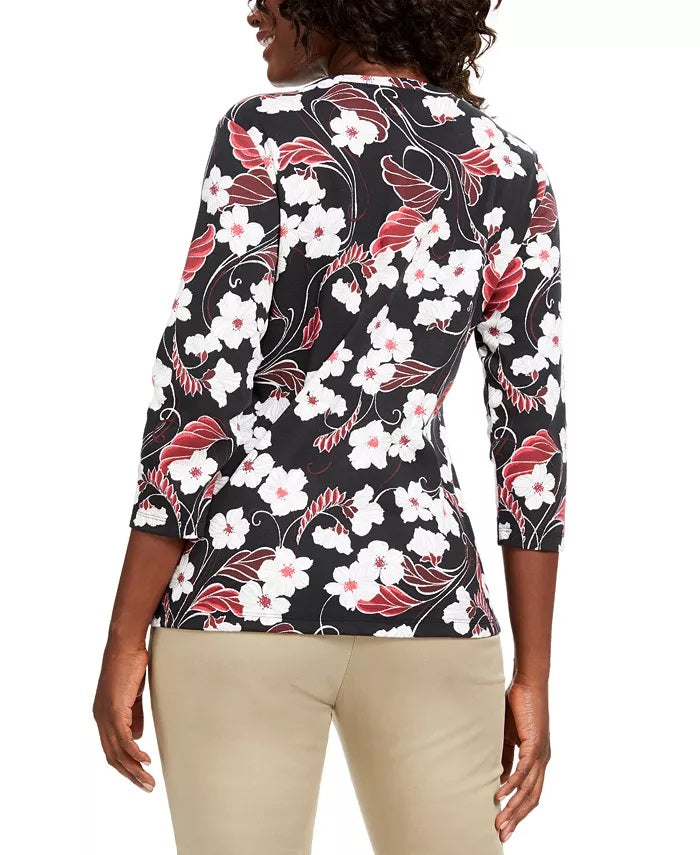 Karen Scott Women's Petite Glitter Floral-Print Top Bright Red Size Petite