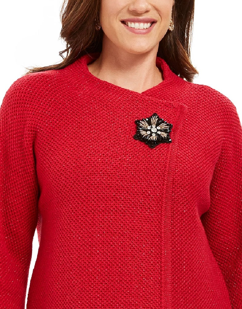 JM Collection Women's Petite Wrap-Front Brooch Sweater Blazer Red Size Medium