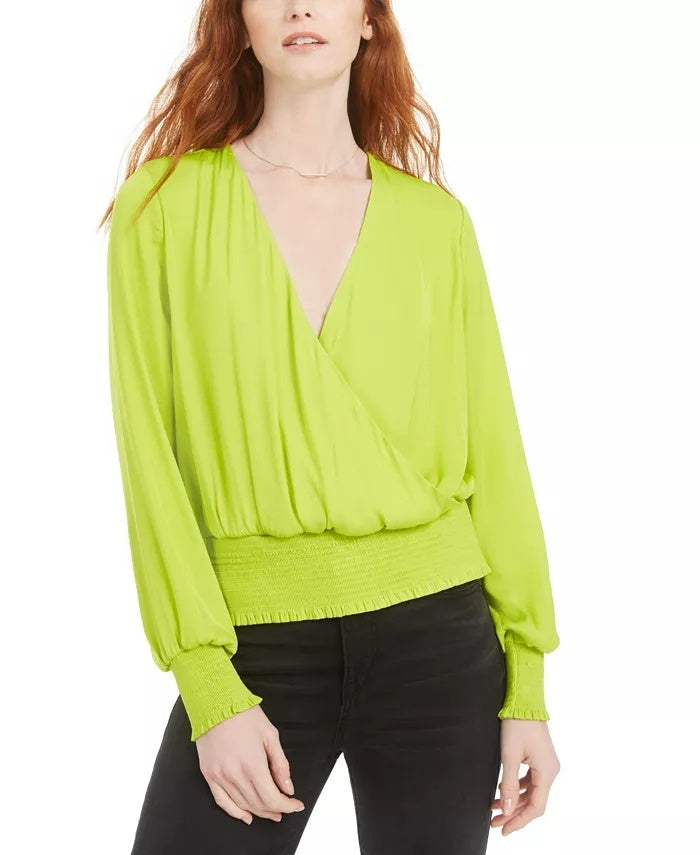 Bar III Women's Smocked Surplice Top Green Size X-Small